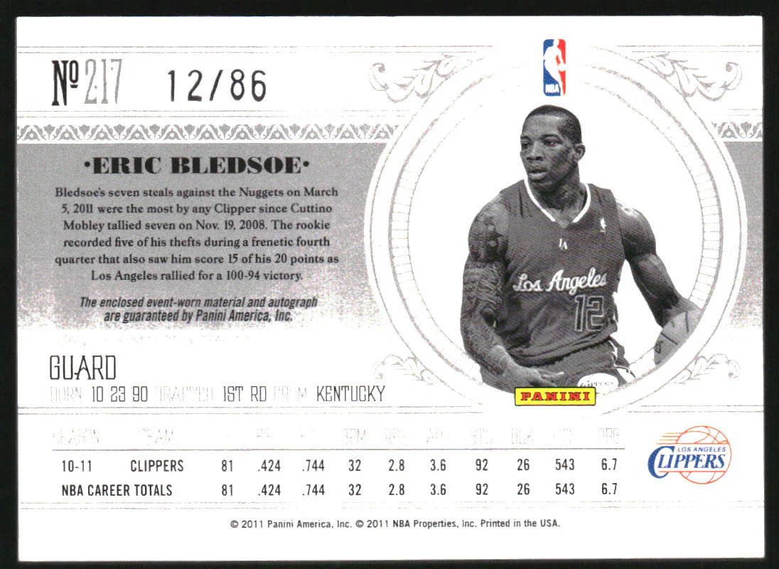 2010 National Treasures #217 Eric Bledsoe Rookie Jersey Autograph RC Auto /86 - Image 2