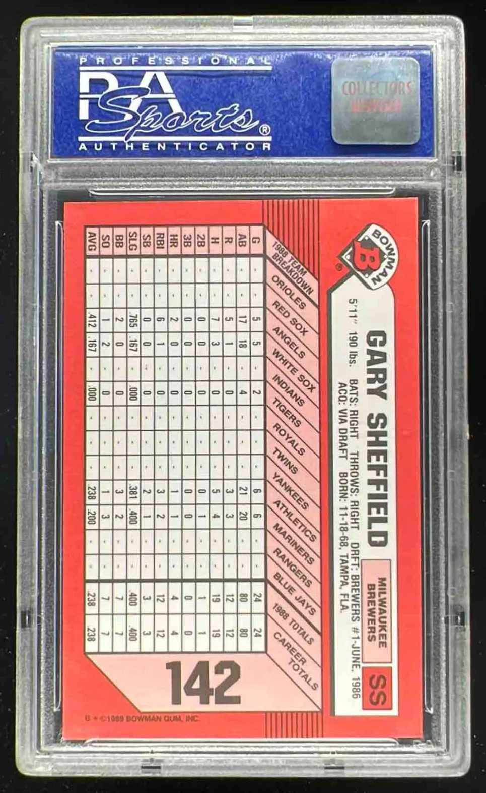 1989 Bowman Tiffany #142 Gary Sheffield RC PSA 10 - Image 2