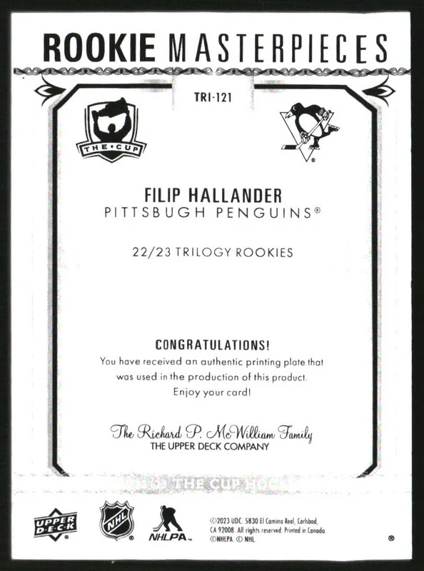 2022-23 The Cup Printing Plates Trilogy Black Filip Hallander RC Rookie 1/1 - Image 2