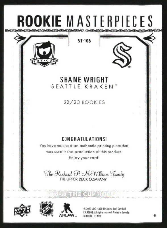 2022-23 The Cup Printing Plates Stature Yellow #106 Shane Wright RC Rookie 1/1 - Image 2
