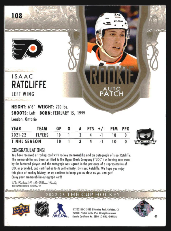 2022-23 The Cup Gold #108 Isaac Ratcliffe Rookie Jersey Autograph RC Auto /24 - Image 2