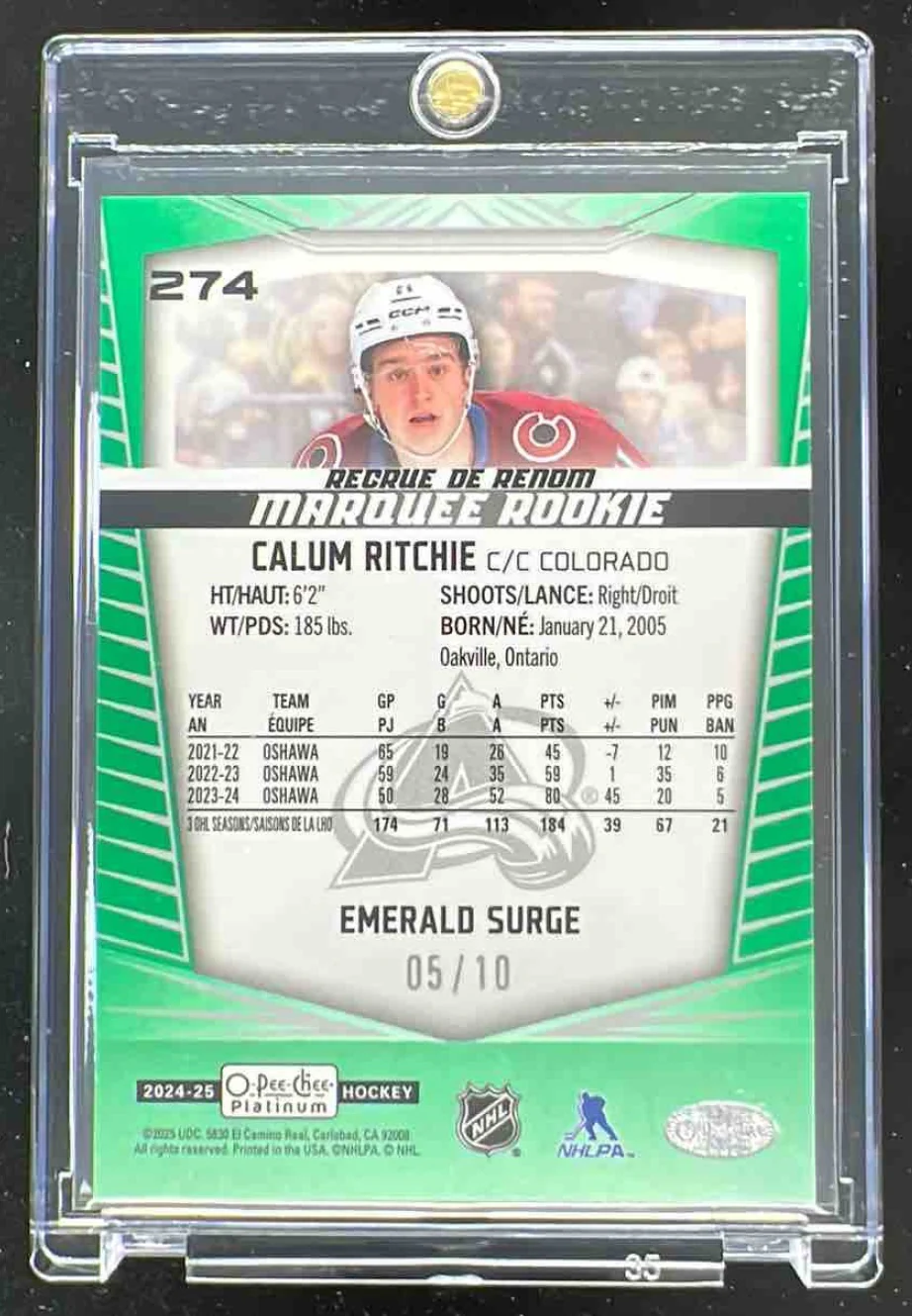 2024-25 O-Pee-Chee Platinum Emerald Surge #274 Calum Ritchie RC Rookie /10 - Image 2