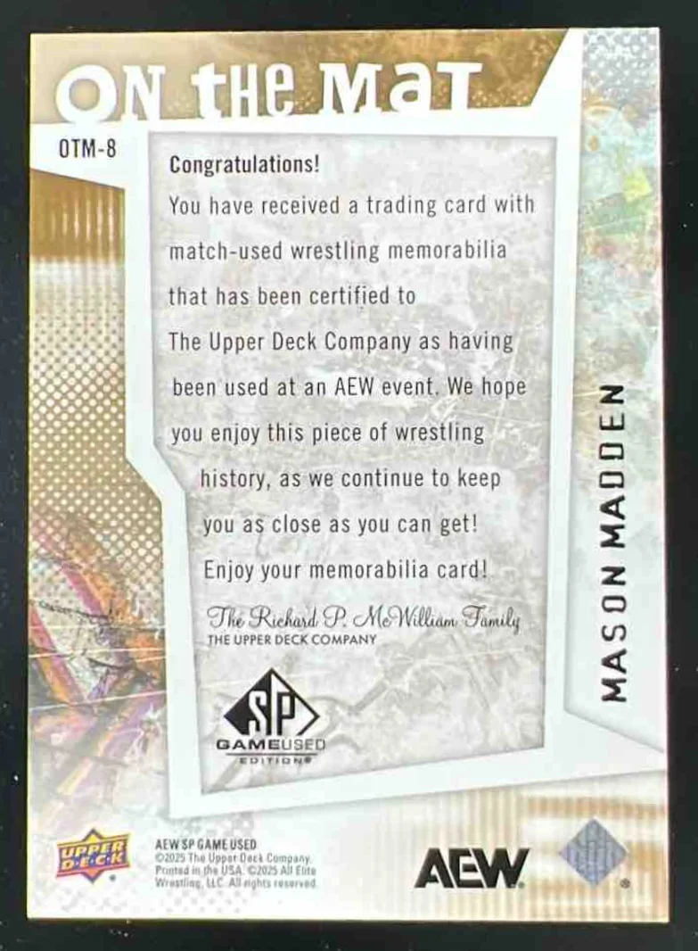 2025 Upper Deck SP Game Used AEW On The Mat Relics #OTM-8 Mason Madden /50 - Image 2