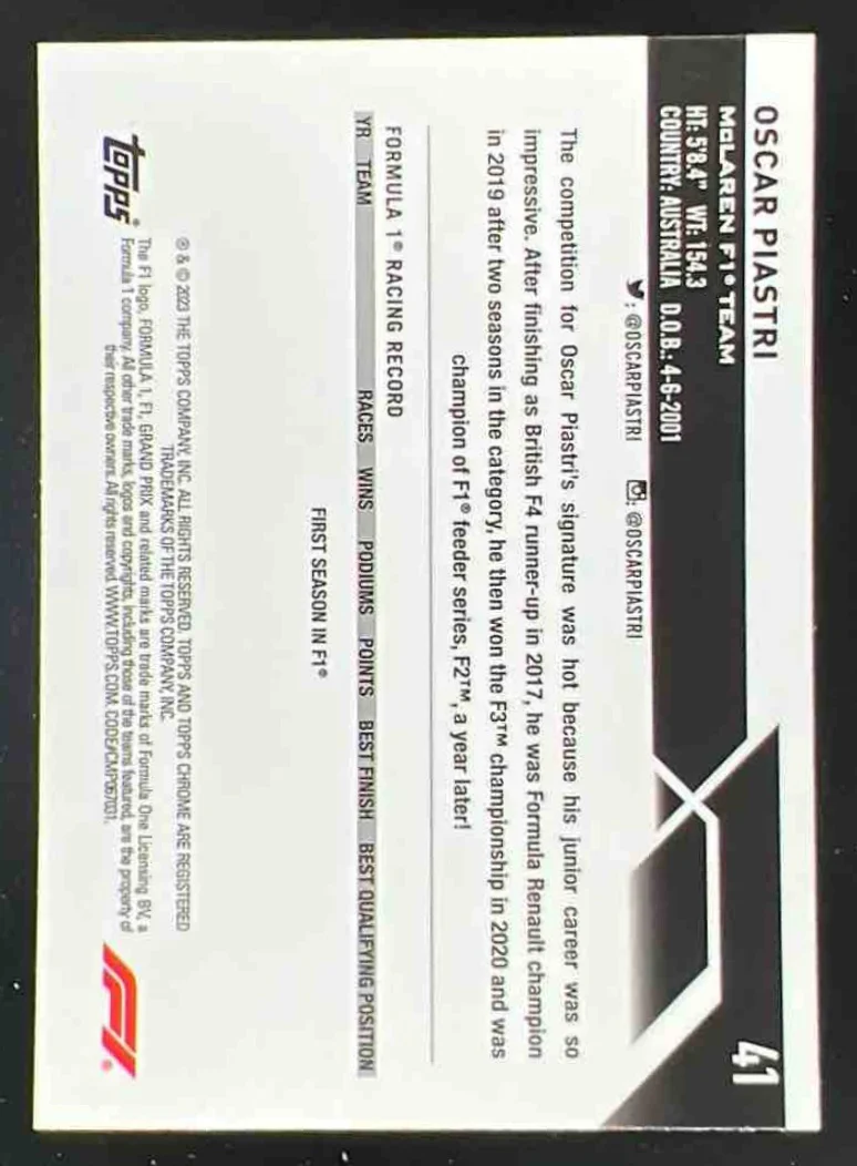2023 Topps Chrome Formula 1 Checker Flag X fractor #41 Oscar Piastri RC - Image 2