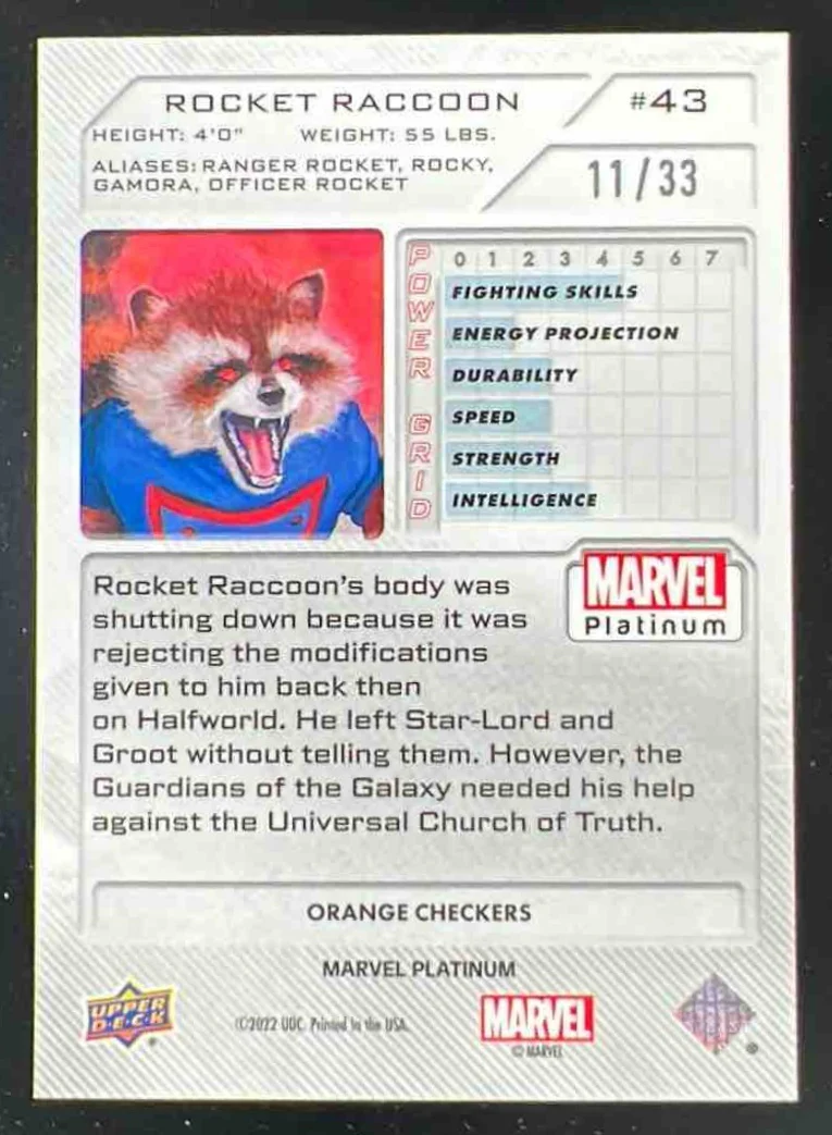 2023 Upper Deck Marvel Platinum Orange Checkers #43 Rocket Raccoon /33 - Image 2