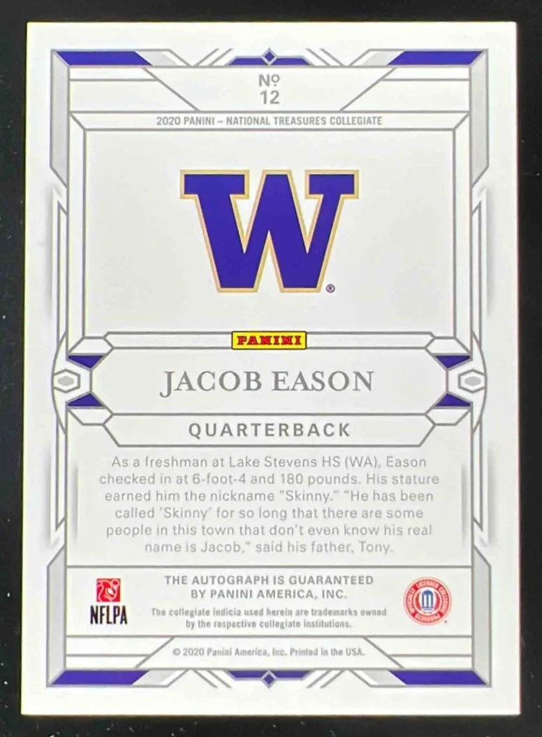 2020 National Treasures Collegiate Notable Nicknames Jacob Eason RC Auto /25 - Image 2