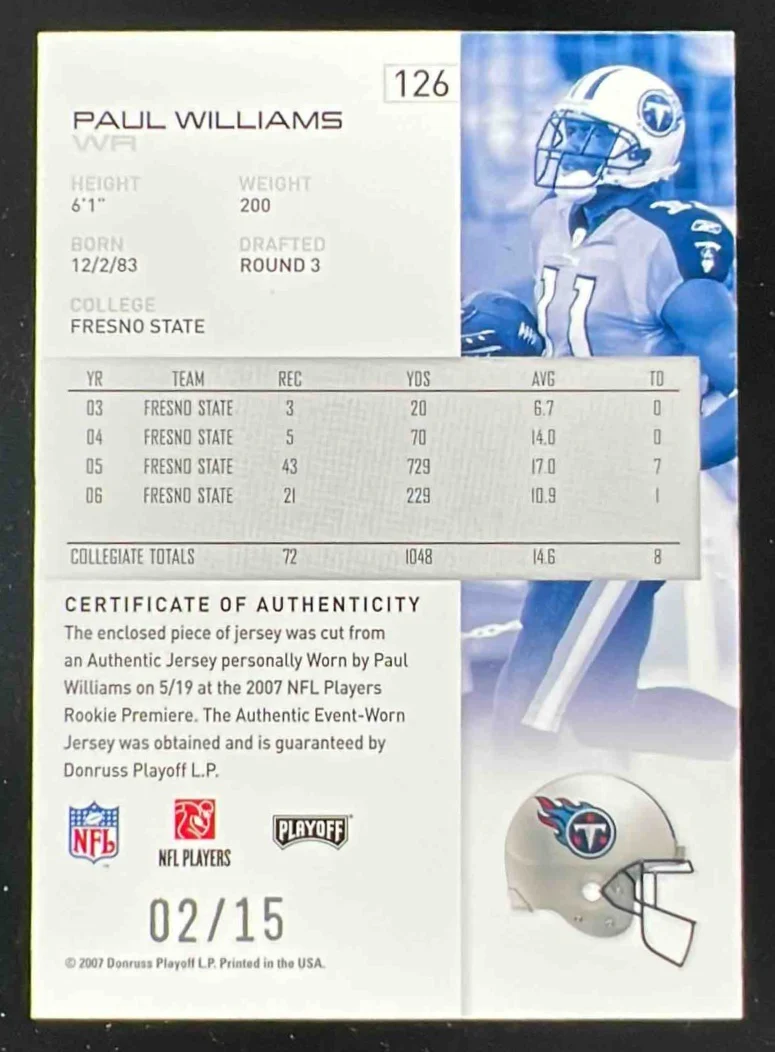 2007 Playoff NFL Playoffs Materials Silver Prime #126 Paul Williams /15 - Image 2