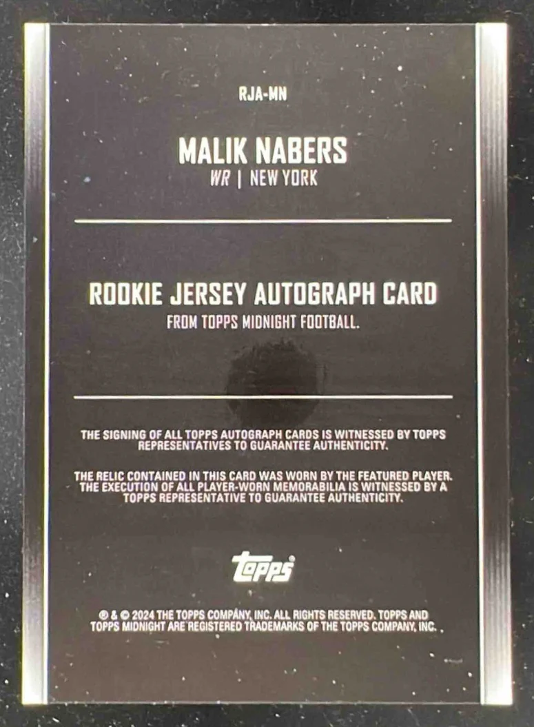2024 Topps Midnight Rookie Jersey Autographs Dusk #MN Malik Nabers RC Auto /75 - Image 2