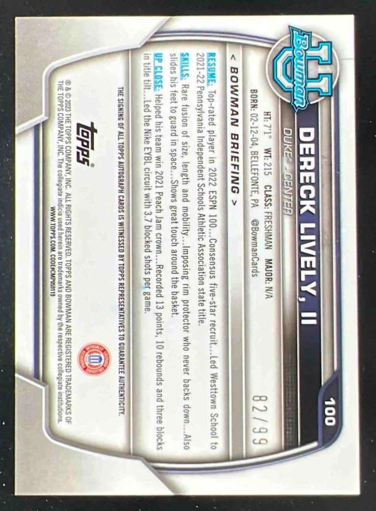 2022-23 Bowman Chrome University Green Refractor #100 Dereck Lively II Auto /99 - Image 2