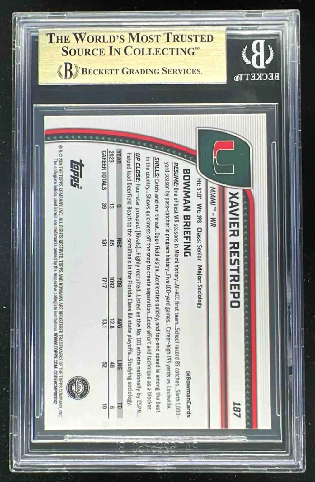 2024 Bowman Chrome University Sapphire Chrome #187 Xavier Restrepo BGS 9.5 - Image 2