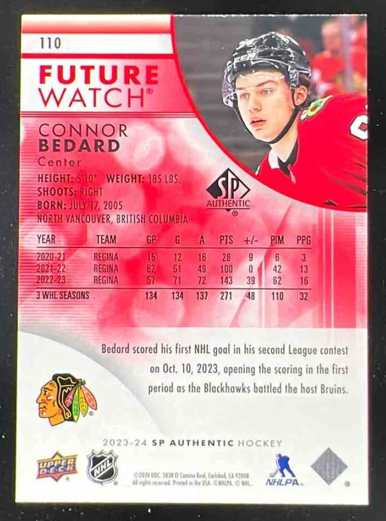2023-24 SP Authentic Limited Red #110 Connor Bedard RC Future Watch - Image 2