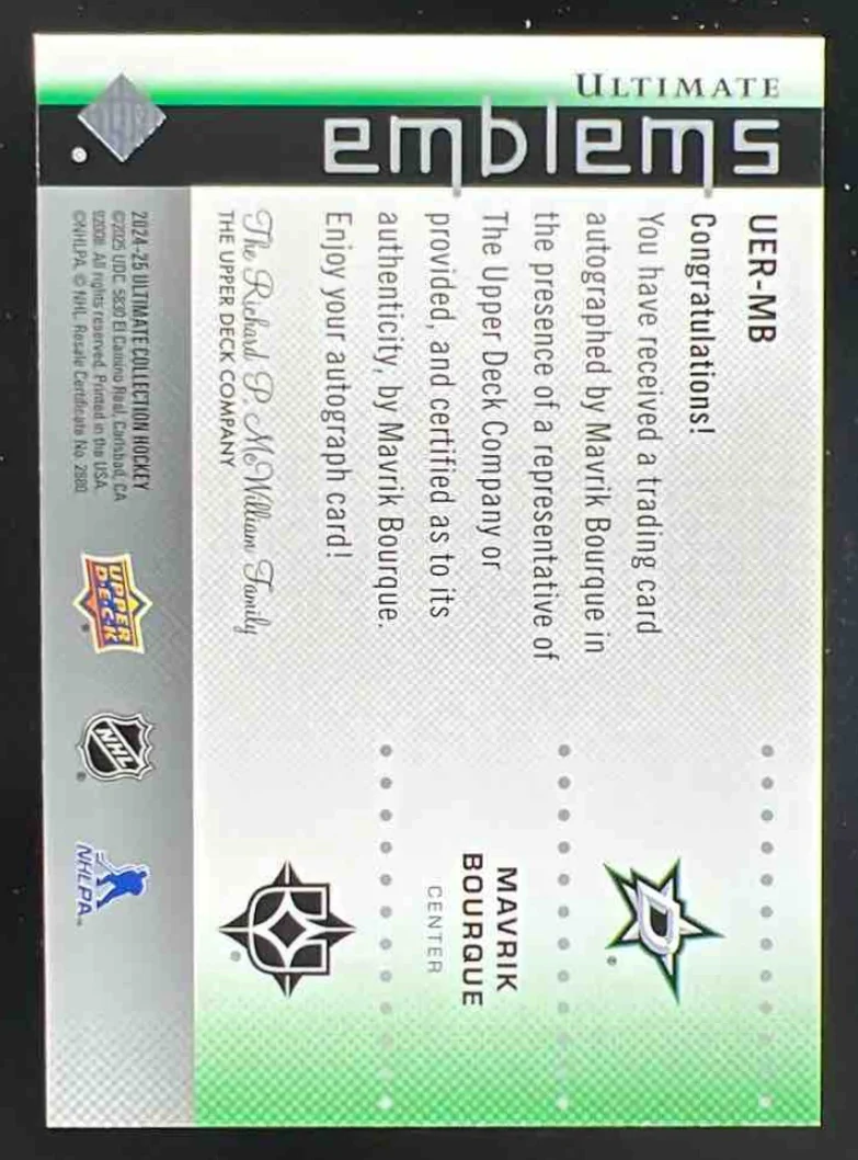 2024 Ultimate Collection Emblems Auto Rookies #UER-MB Mavrik Bourque Autograph - Image 2