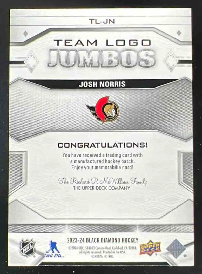 2023-24 Upper Deck Black Diamond Team Logo Jumbo Patches #TL-JN Josh Norris - Image 2