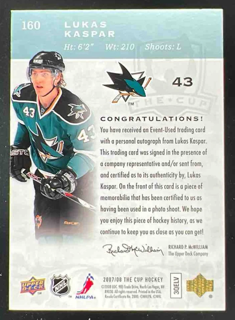 2007 Upper Deck The Cup #160 Lukas Kaspar Rated Prospect Autograph RC Auto /249 - Image 2