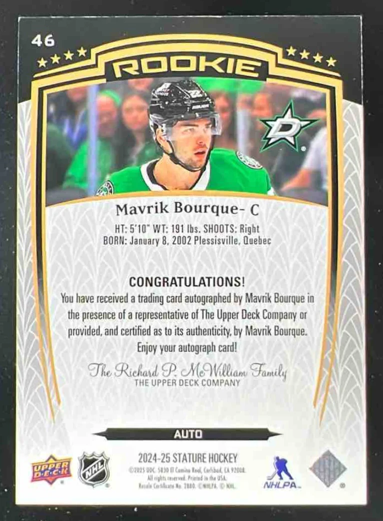 2024-25 Upper Deck Stature Auto #46 Mavrik Bourque Autograph RC Auto - Image 2