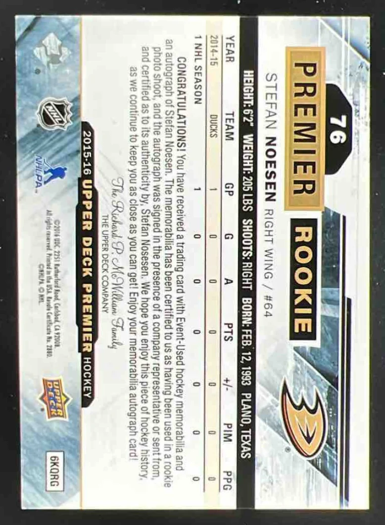 2015-16 Upper Deck Premier #76 Stefan Noesen RC Auto /375 - Image 2