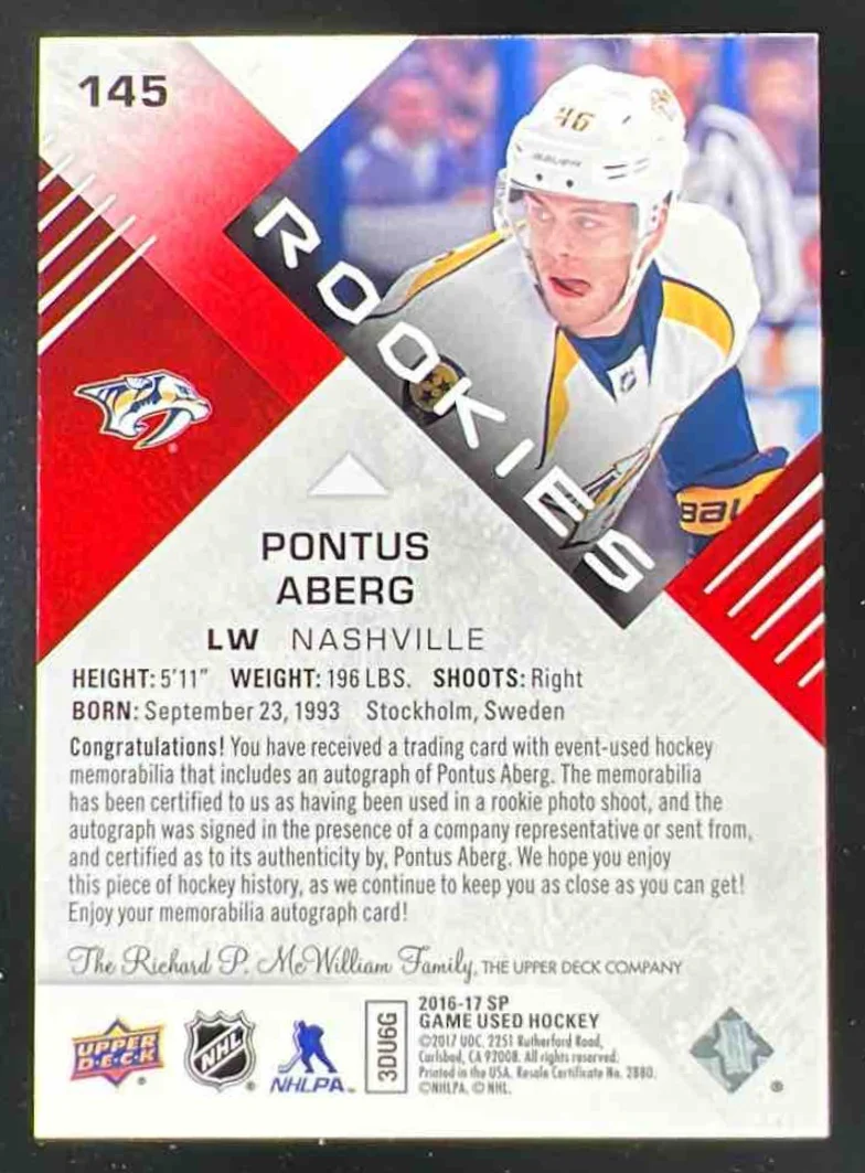 2016-17 SP Game Used Red Material Spectrum Premium #145 Pontus Aberg RC Auto /25 - Image 2