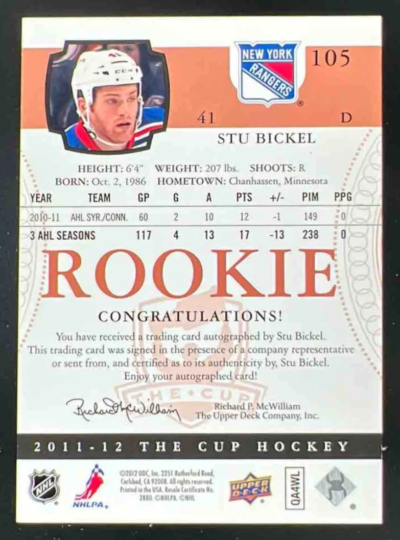 2011-12 Upper Deck The Cup #105 Stu Bickel Autograph RC Auto /199 - Image 2