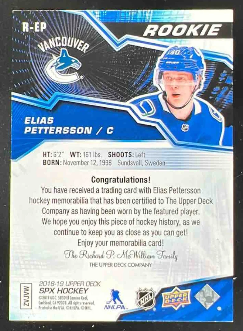 2018-19 SPx Rookies Materials Jersey #R-EP Elias Pettersson RC - Image 2