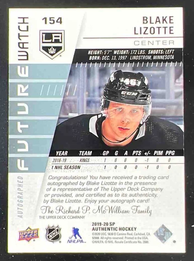 2019-20 SP Authentic #154 Blake Lizotte Autograph RC Future Watch Auto /999 - Image 2