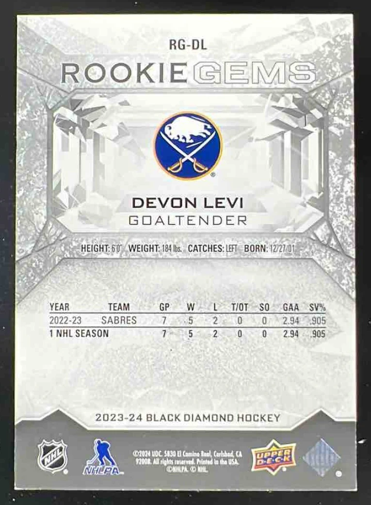 2023-24 Upper Deck Black Diamond Rookie Gems Red #RG-DL Devon Levi RC /100 - Image 2