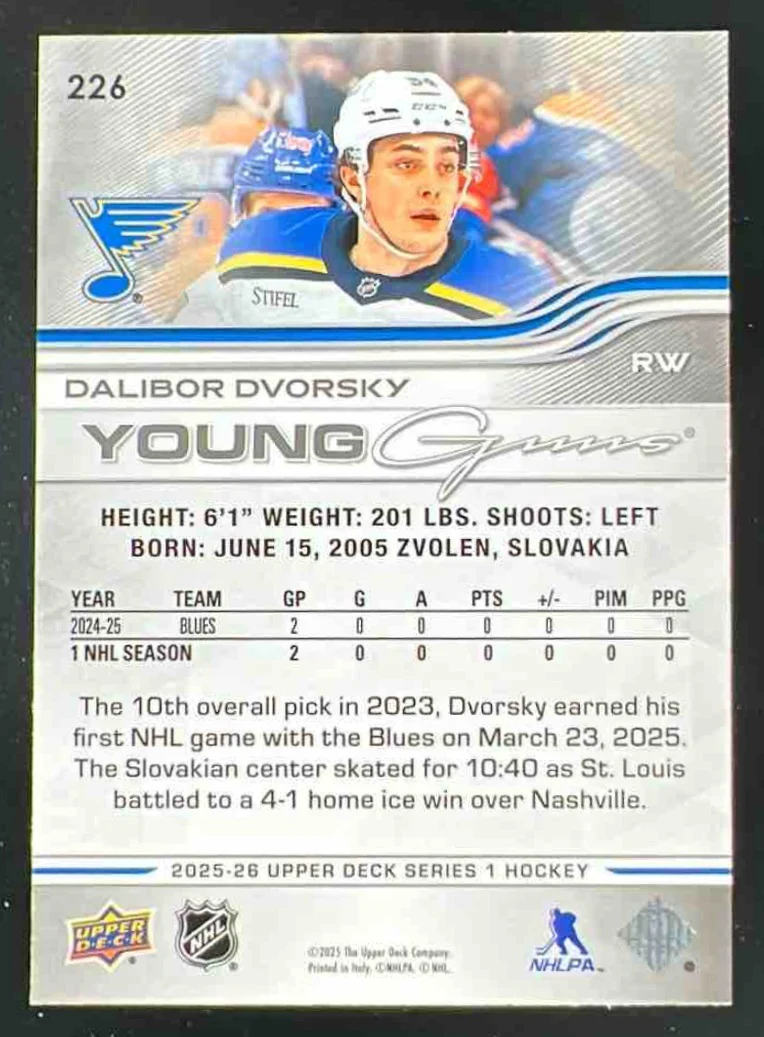 2025 Upper Deck Series 1 #226 Dalibor Dvorsky Young Guns RC - Image 2