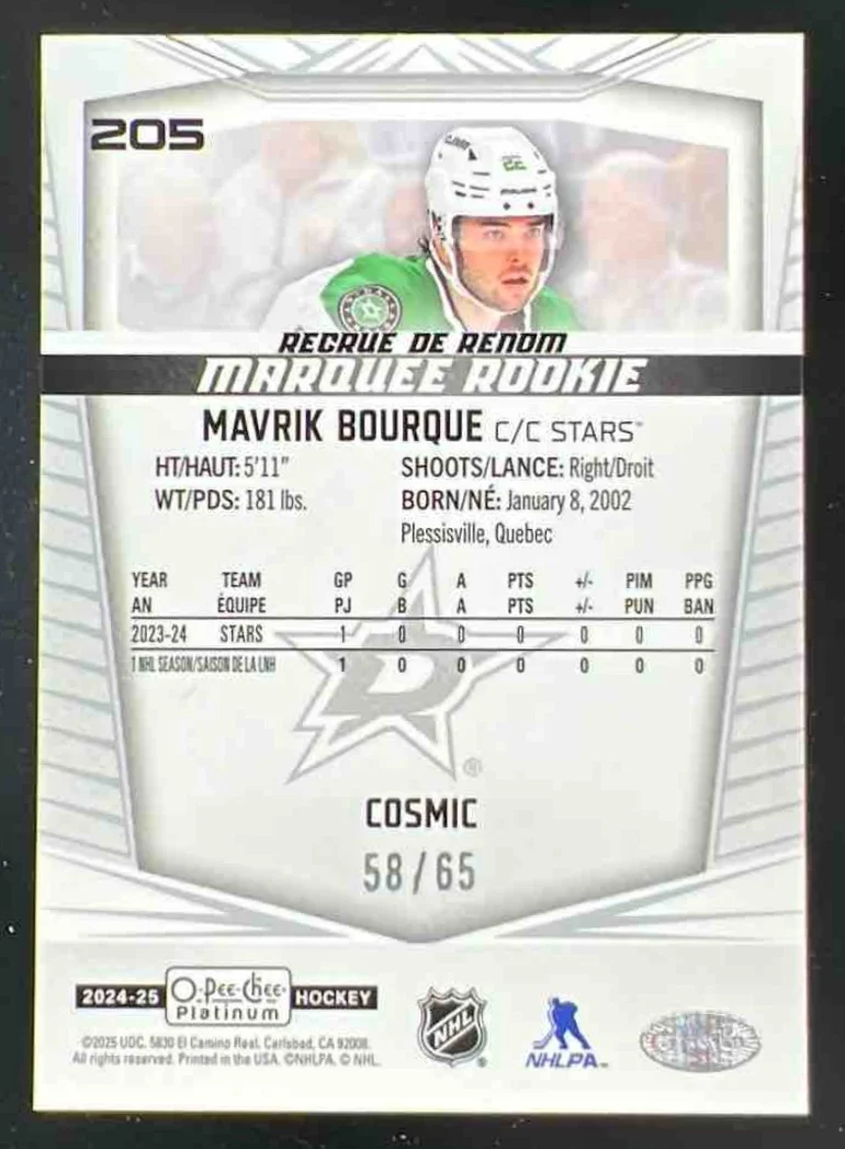 2024-25 O-Pee-Chee Platinum Cosmic #205 Mavrik Bourque RC Marquee Rookie /65 - Image 2