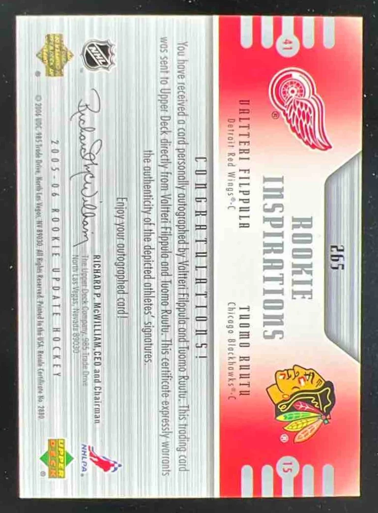 2005-06 Upper Deck Rookie Update #265 Valtteri Filppula Tuomo Ruutu RC Auto /499 - Image 2