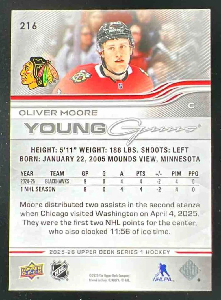 2025 Upper Deck Series 1 #216 Oliver Moore Young Guns RC - Image 2