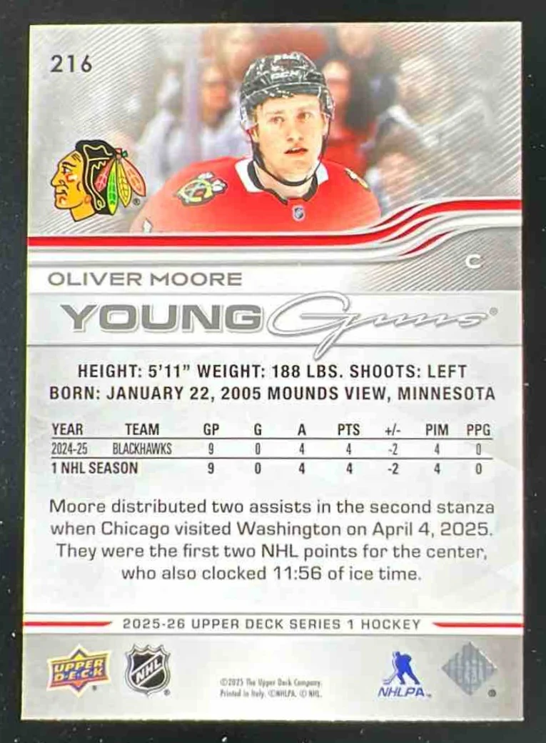 2025 Upper Deck Series 1 #216 Oliver Moore Young Guns RC - Image 2