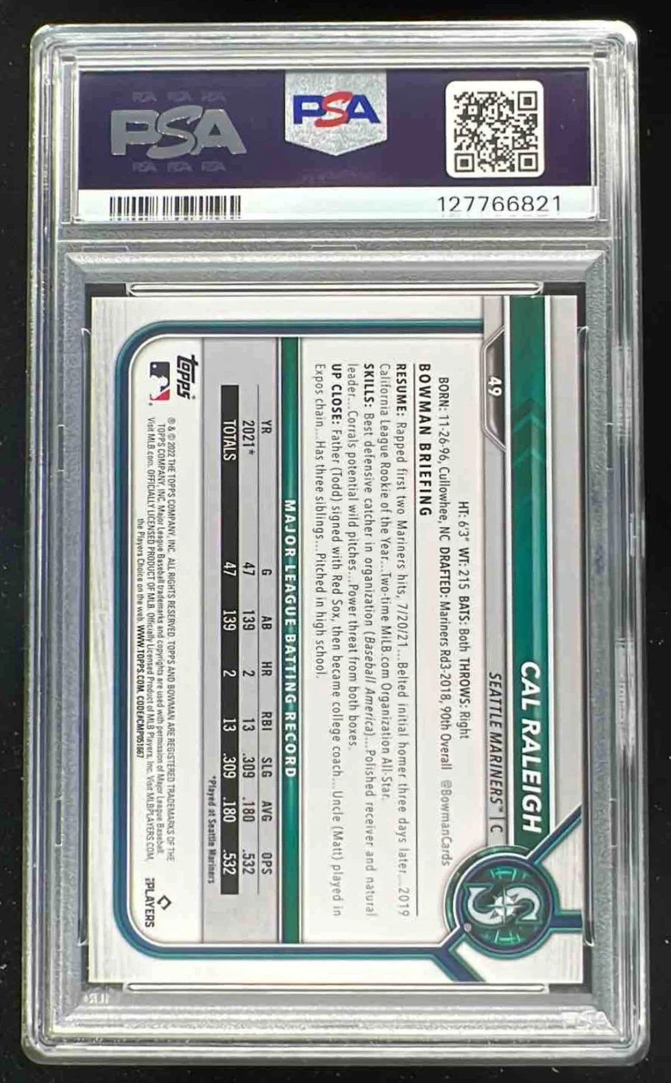 2022 Bowman #49 Cal Raleigh RC PSA 9 - Image 2