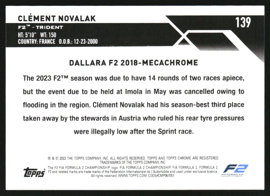 2023 Topps Chrome Sapphire Formula 1 Purple Refractors #139 Clement Novalak /10 - Image 2