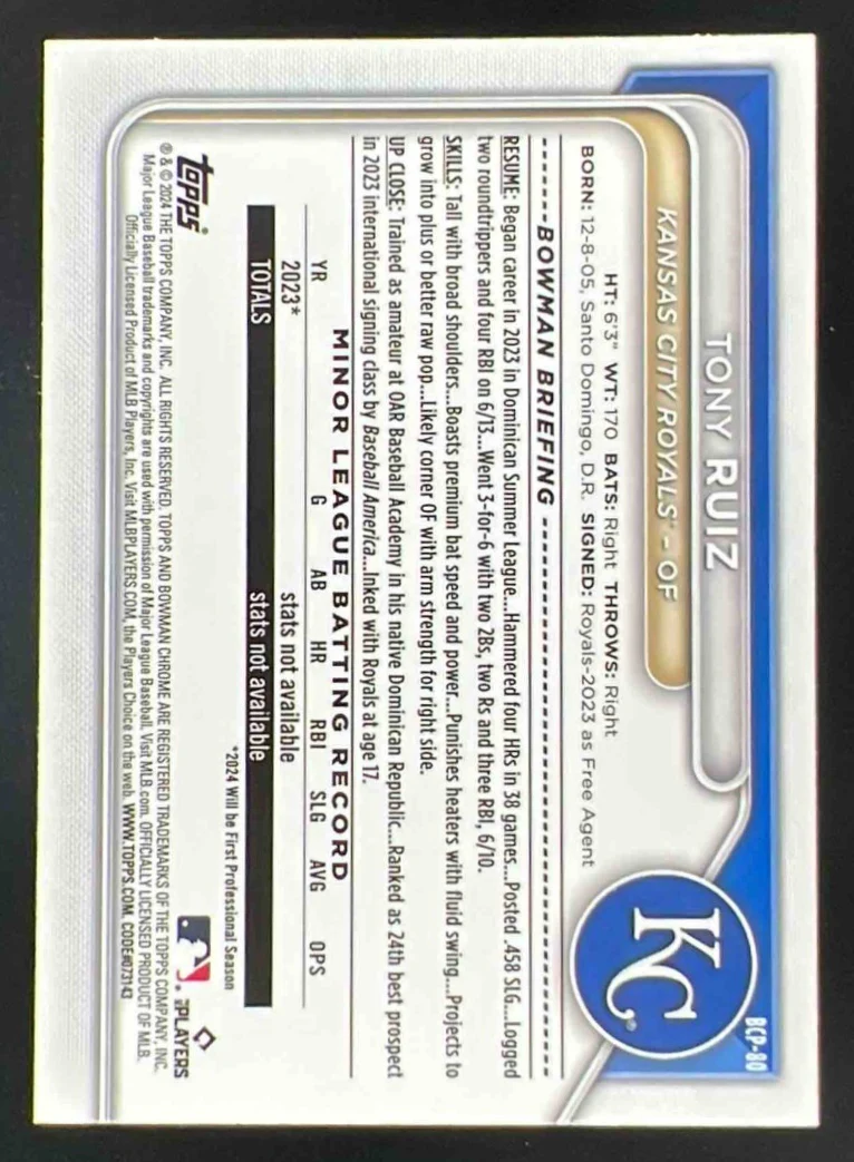 2024 Bowman Chrome Prospects Orange Shimmer Refractors #BCP-80 Tony Ruiz RC /25 - Image 2