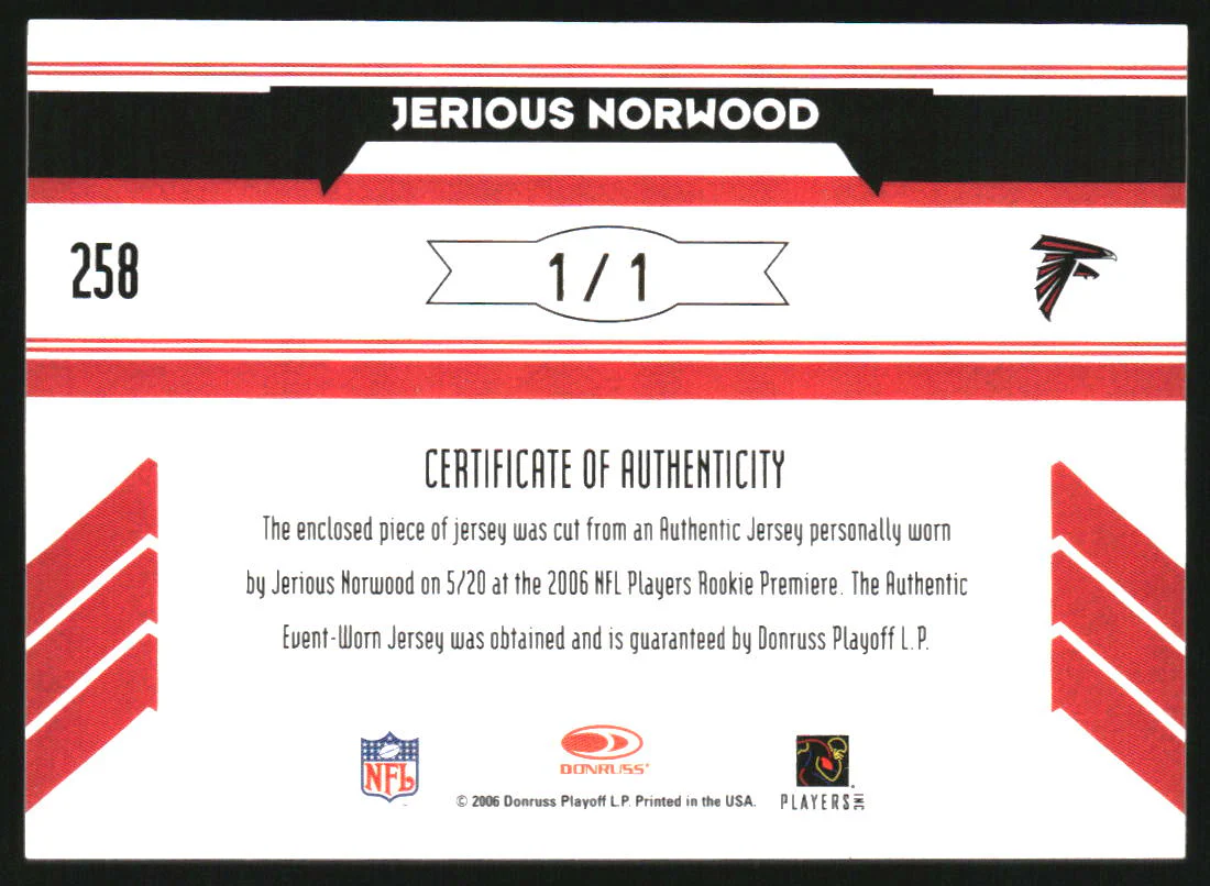 2006 Leaf R&S Rookie Material Longevity Red NFL Shield Jerious Norwood RC 1/1 - Image 2