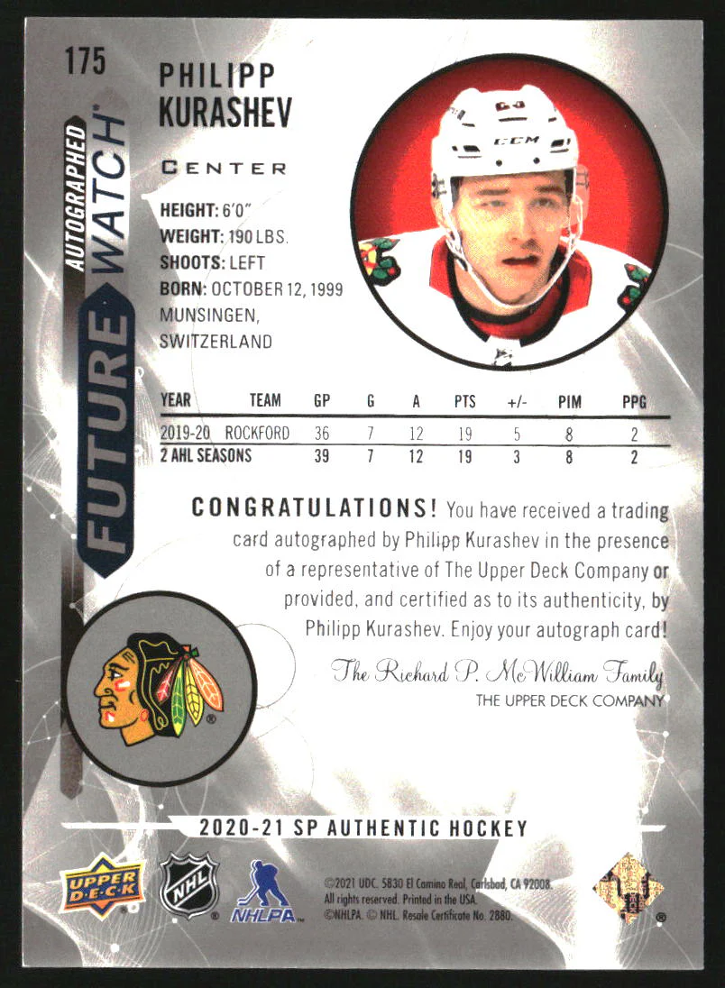 2020-21 SP Authentic #175 Philipp Kurashev Rookie Autograph RC Auto - Image 2
