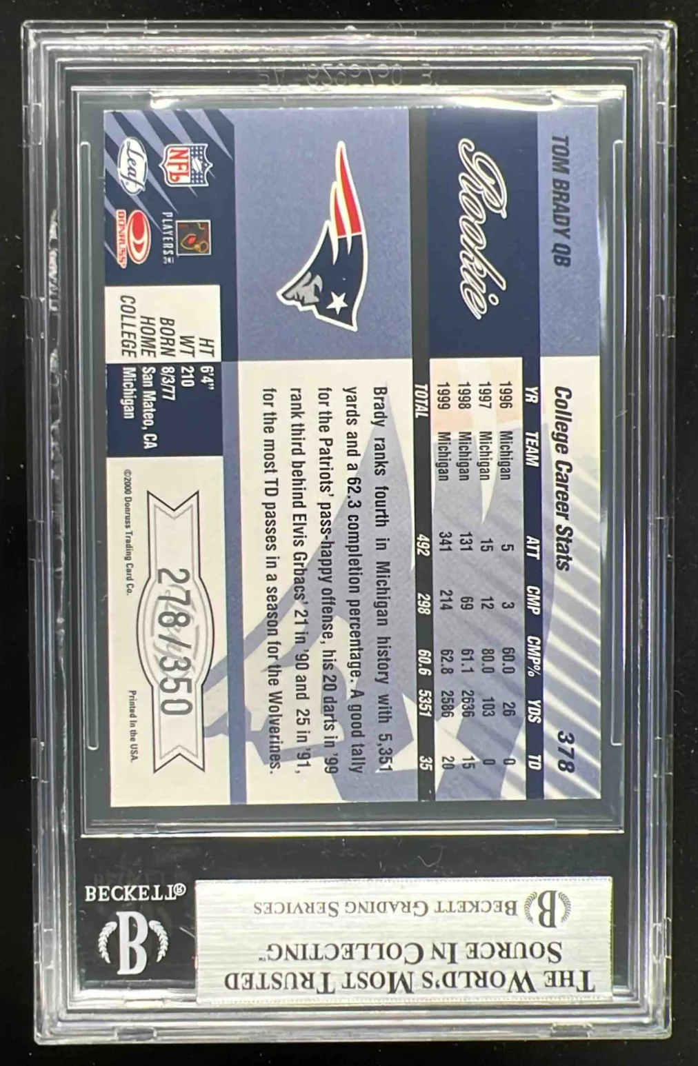 2000 Leaf Limited #378 Tom Brady RC /350 BGS 8.5 - Image 2