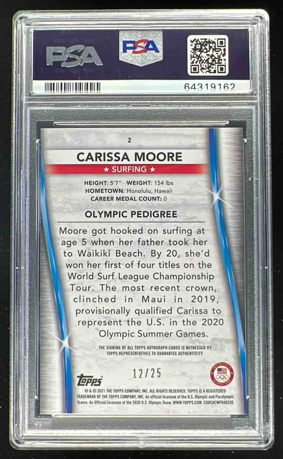 2021 Topps U.S. Olympic & Hopefuls US Flag Carissa Moore Auto /25 PSA 5 - Image 2