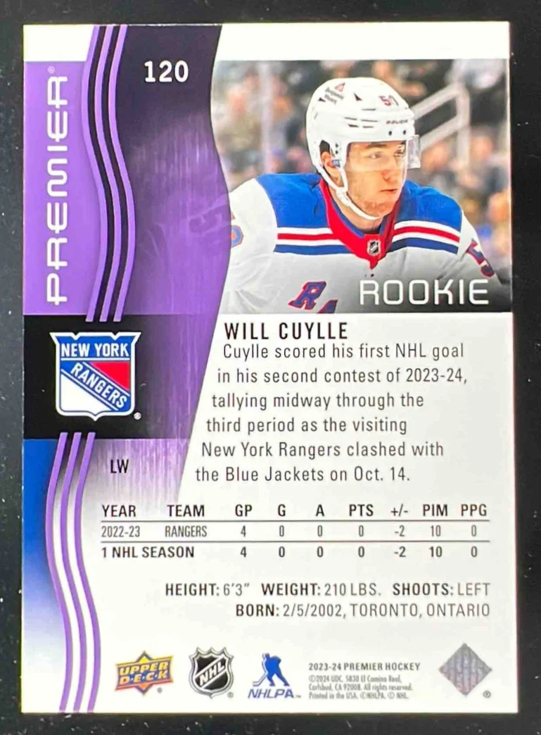 2023-24 Upper Deck Premier Purple #120 Will Cuylle RC /10 - Image 2