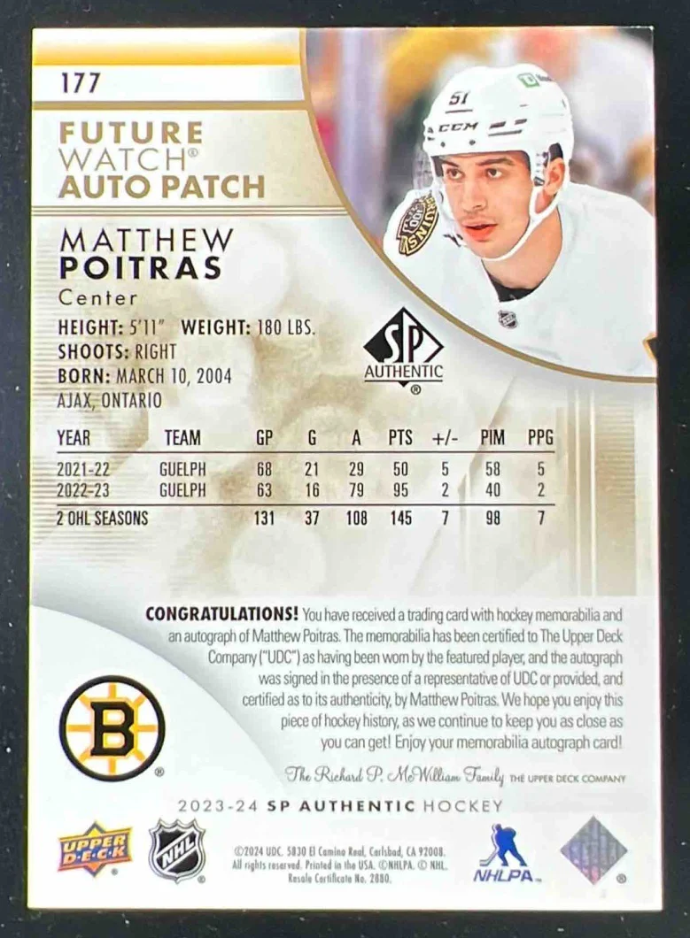 2023-24 SP Authentic Limited Auto Patch #177 Matthew Poitras RC Auto /100 - Image 2
