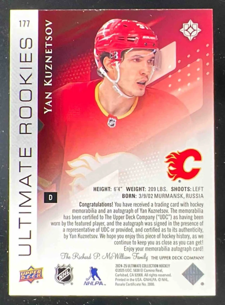2024 Ultimate Collection Rookies Autographed Patch #177 Yan Kuznetsov Auto /99 - Image 2