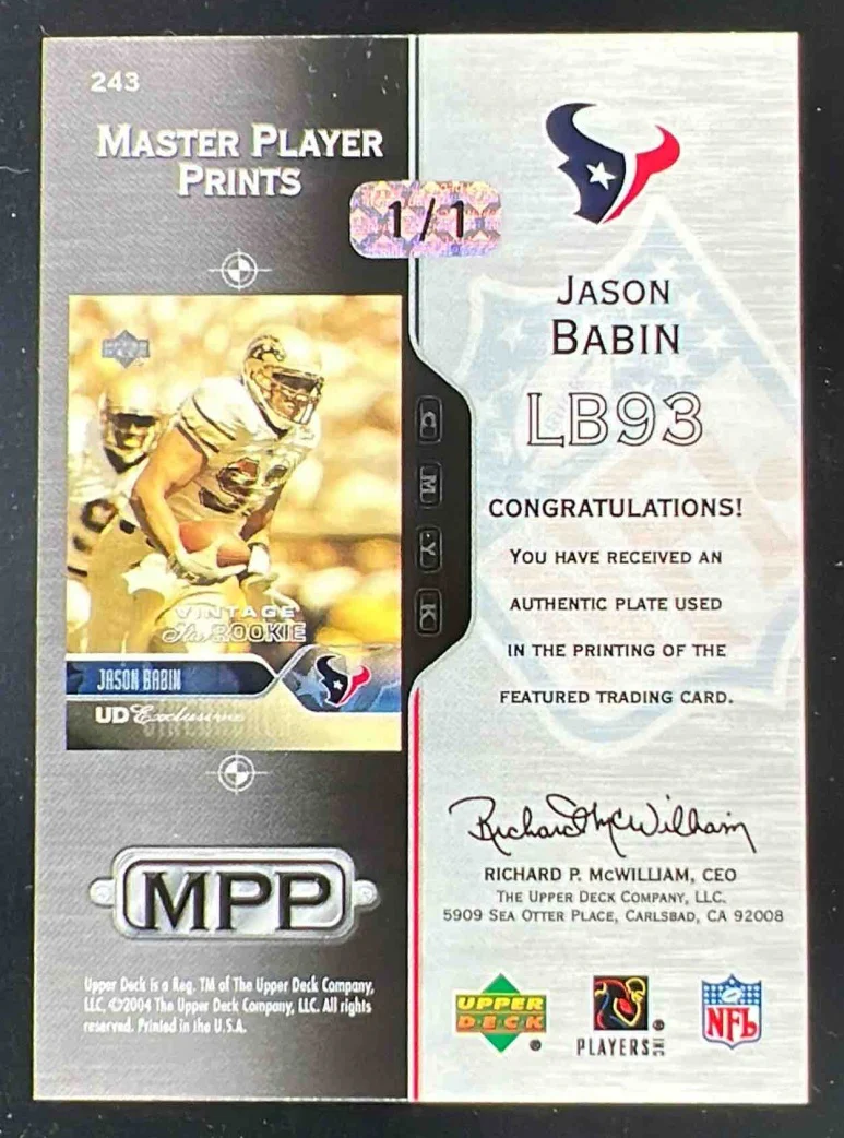 2004 Upper Deck Master Player Printing Plates Yellow #243 Jason Babin RC 1/1 - Image 2