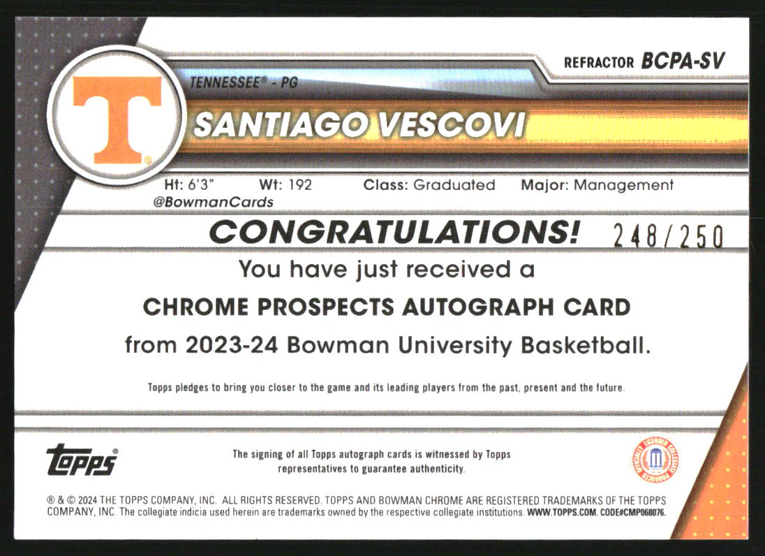 2023 Bowman Chrome University Prospect Auto Refractors Santiago Vescovi RC /250 - Image 2