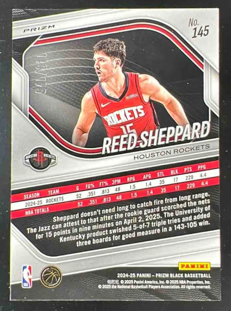 2024-25 Panini Prizm Black White Prizms #145 Reed Sheppard RC /175 - Image 2