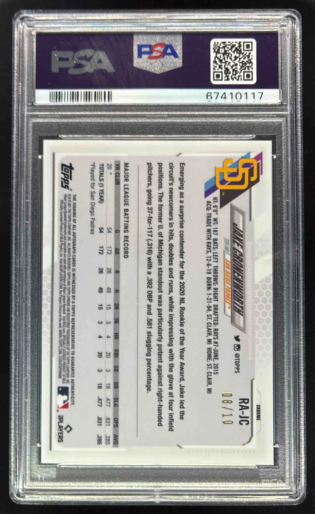 2021 Topps Chrome Sapphire Rookie Purple Jake Cronenworth RC Auto /10 PSA 10 - Image 2