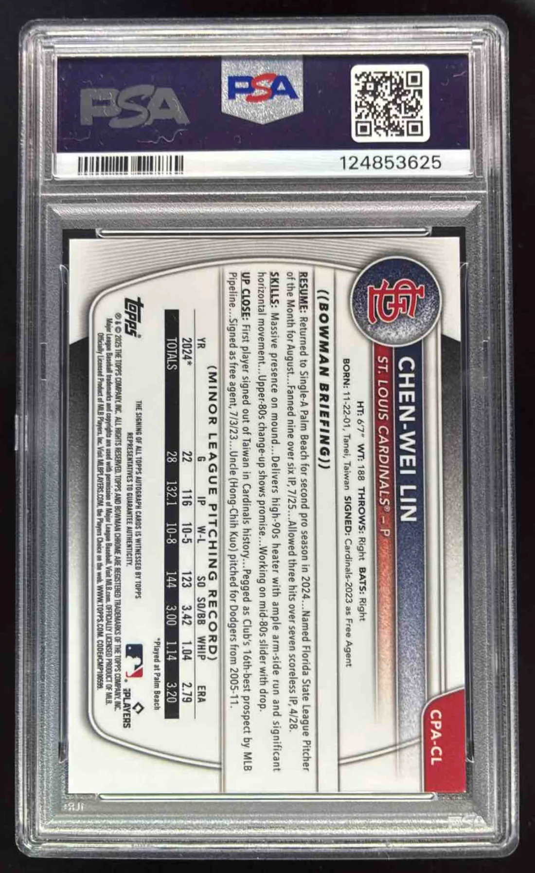 2025 Bowman Chrome Black Refractor #CPA-CL Chen-Wei Lin RC Auto /10 PSA 9 - Image 2
