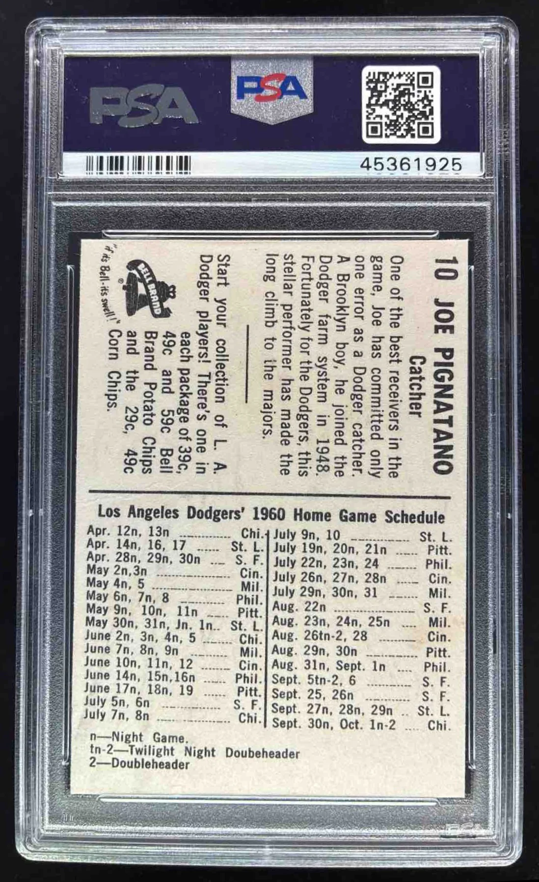 1960 Bell Brand Dodgers #10 Joe Pignatano PSA 4 - Image 2