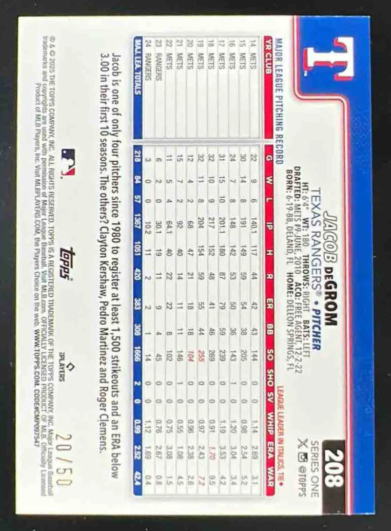 2025 Topps Gold Holo Foil #208 Jacob deGrom /50 - Image 2