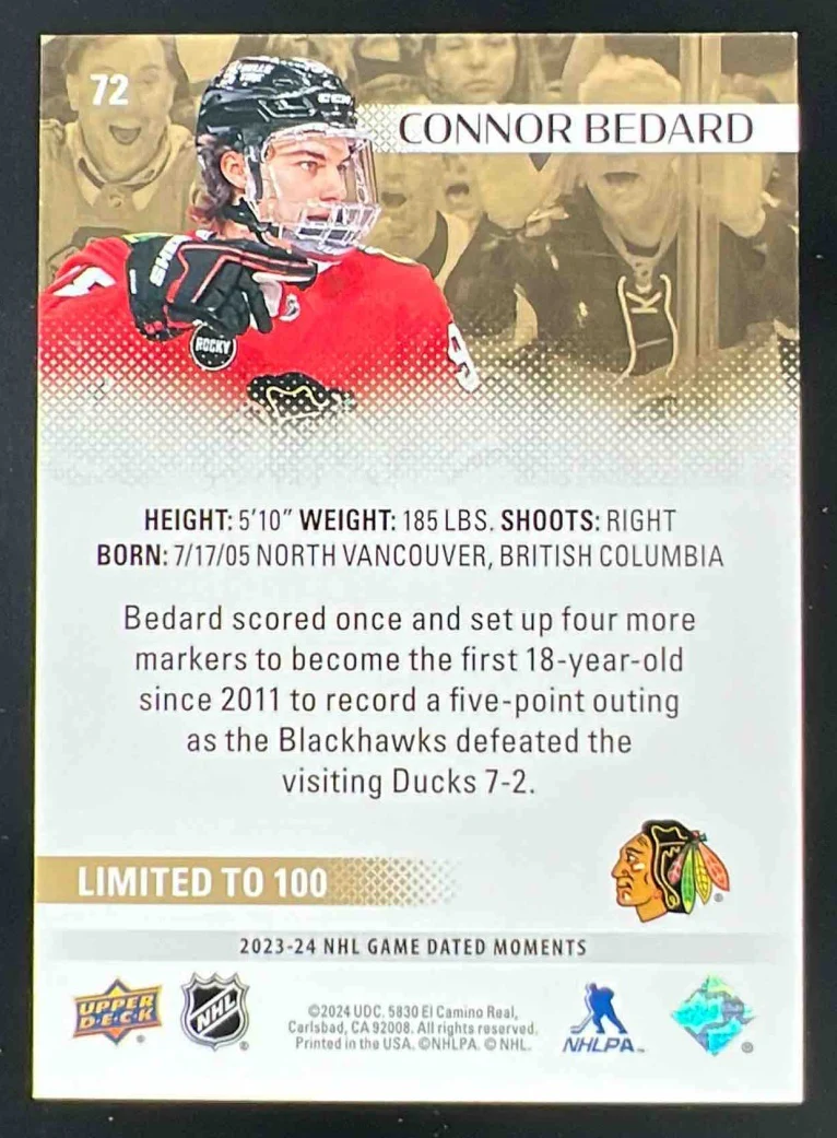 2023-24 Upper Deck NHL Game Dated Moments #72 Connor Bedard - Image 2