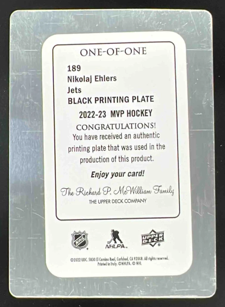 2022-23 Upper Deck MVP Printing Plates Black #189 Nikolaj Ehlers 1/1 - Image 2