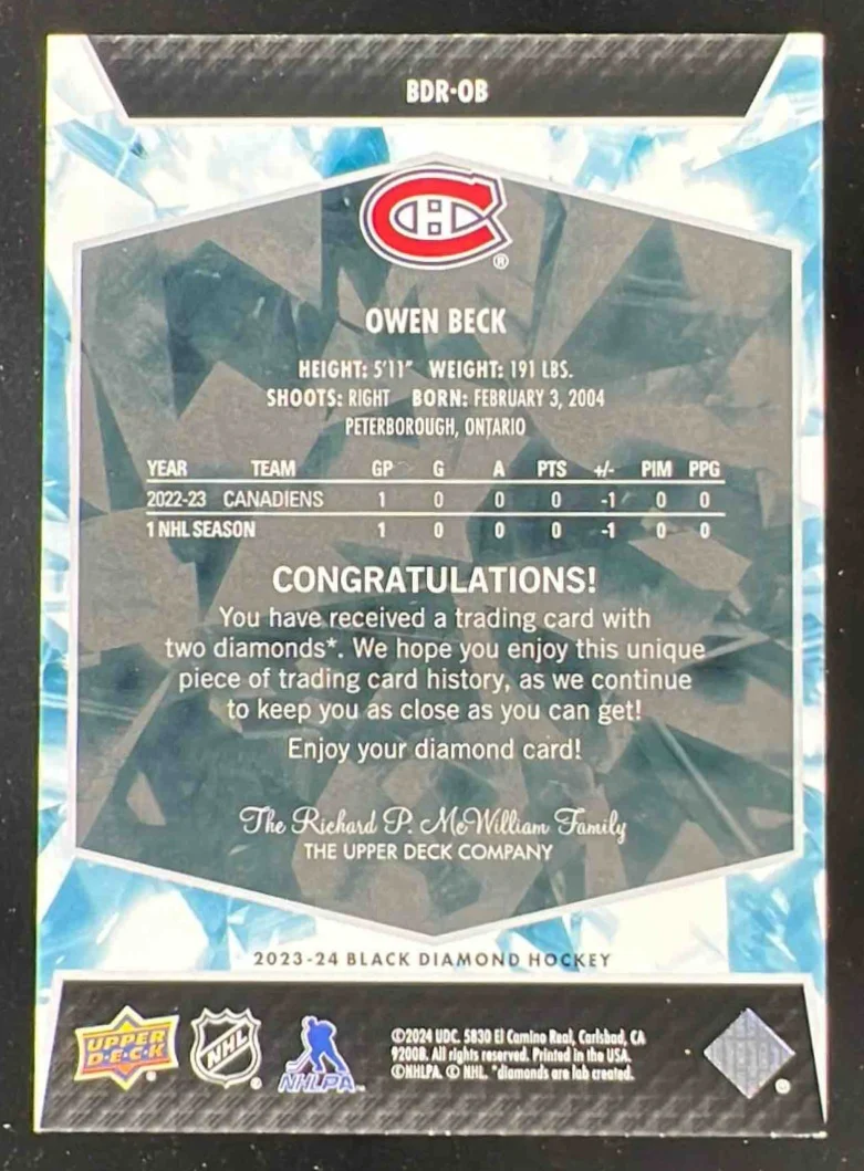 2023 Upper Deck Black Diamond Diamond Relic Rookies Ruby Owen Beck RC /49 - Image 2